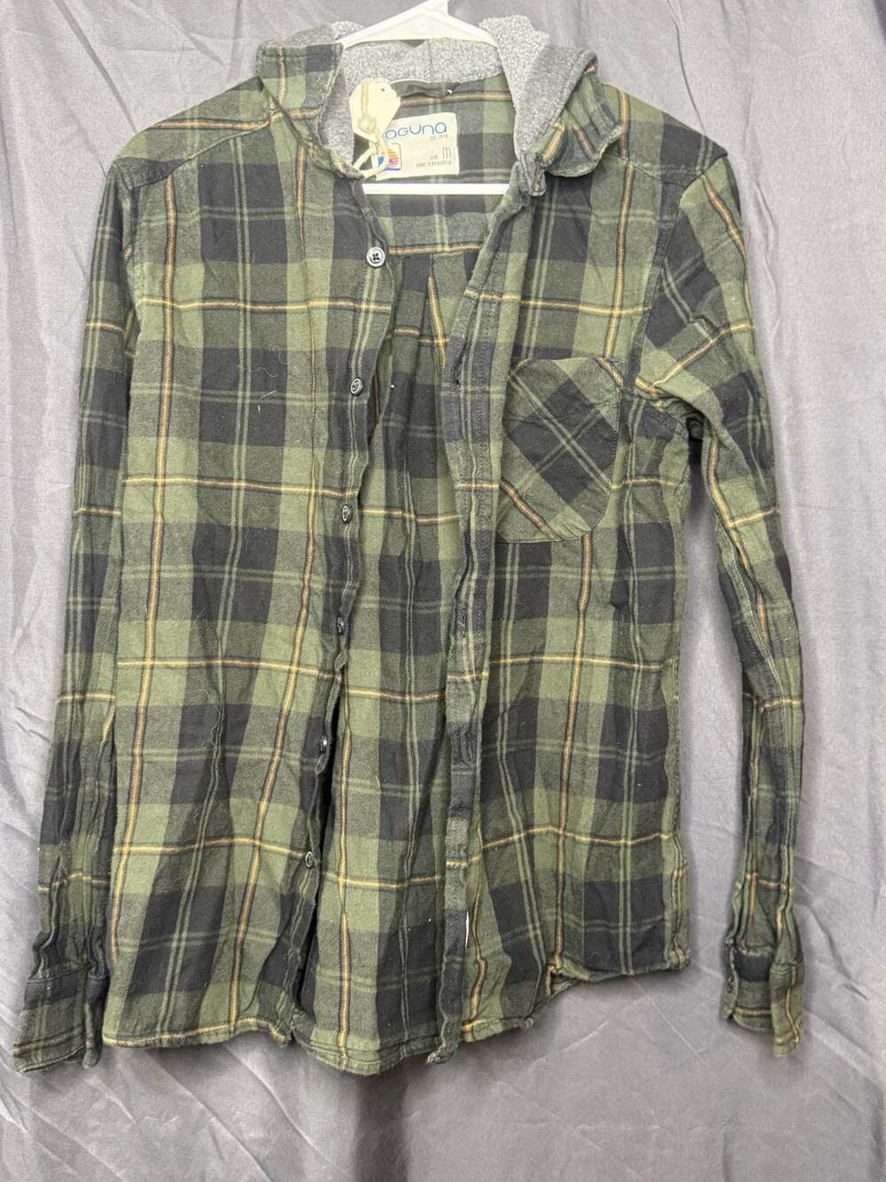 Laguna Men's Plaid Flannel Hooded Long Sleeve Button Down Shirt Green Size M
